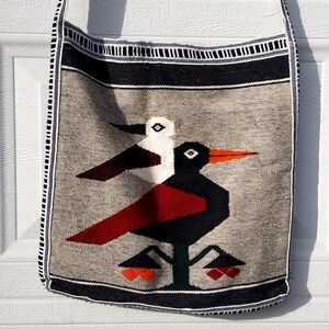 Woven Geometric Bird Crossbody Bag in Beige and Black Guatemala